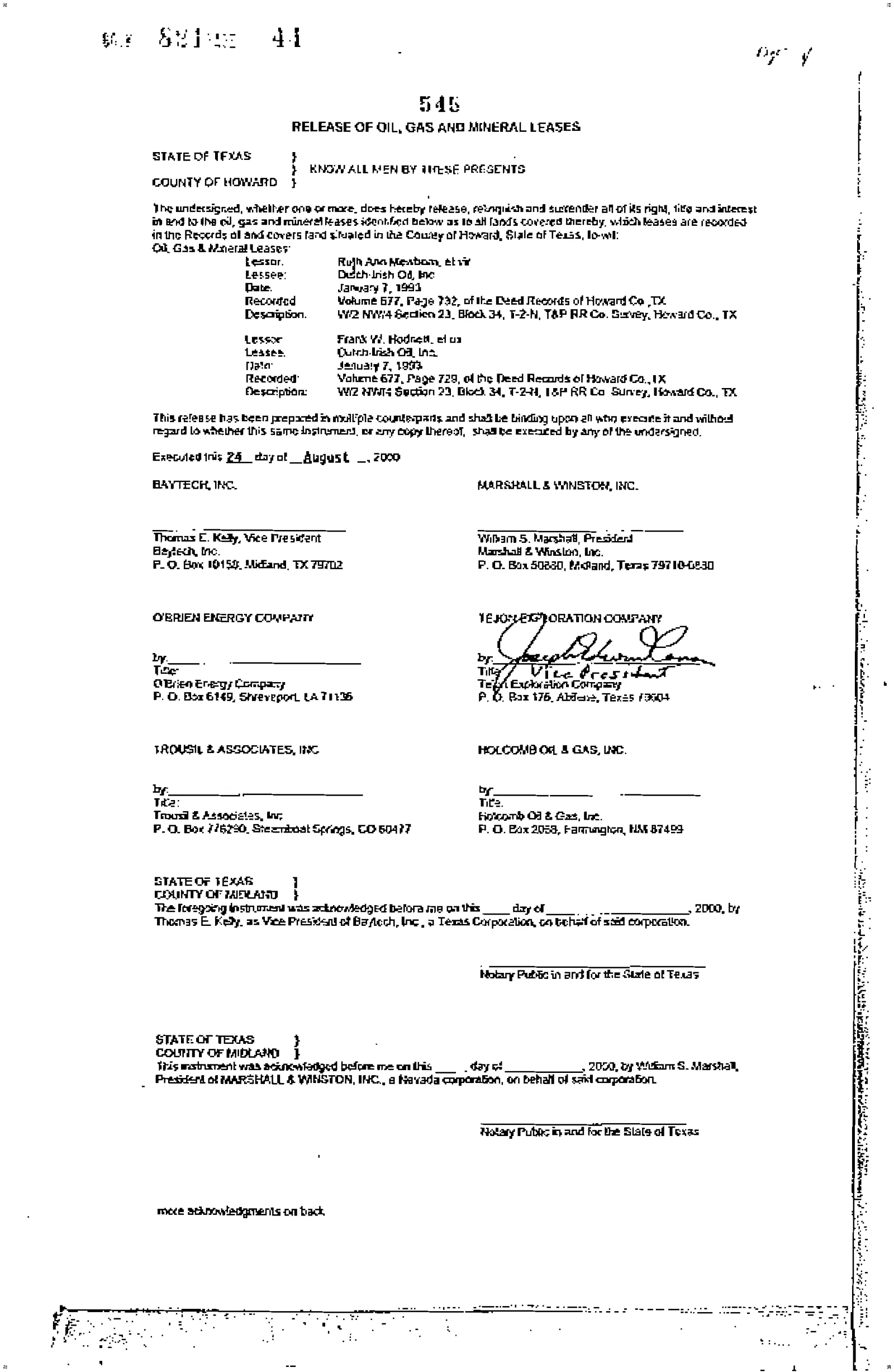 Tejon Exploration Co - Recorded Or Vol: 821 Pg: 44; Release Of Lease (Doc #DOCC00000545-OR-821-44)