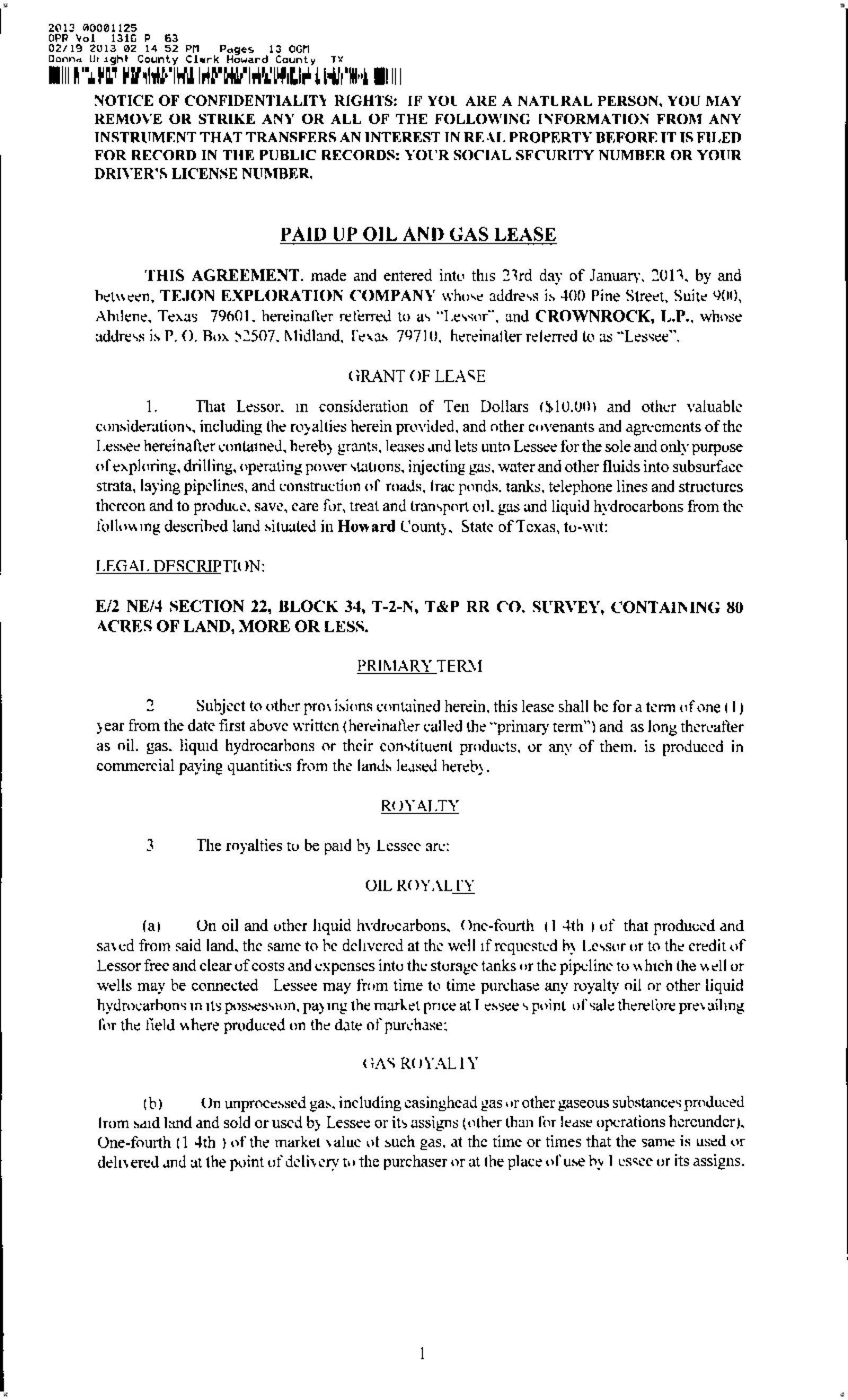 Tejon Exploration Co - Recorded Opr Vol: 1316 Pg: 63; Lease - Gas, Oil, Mineral (Doc #DOC125S1057)
